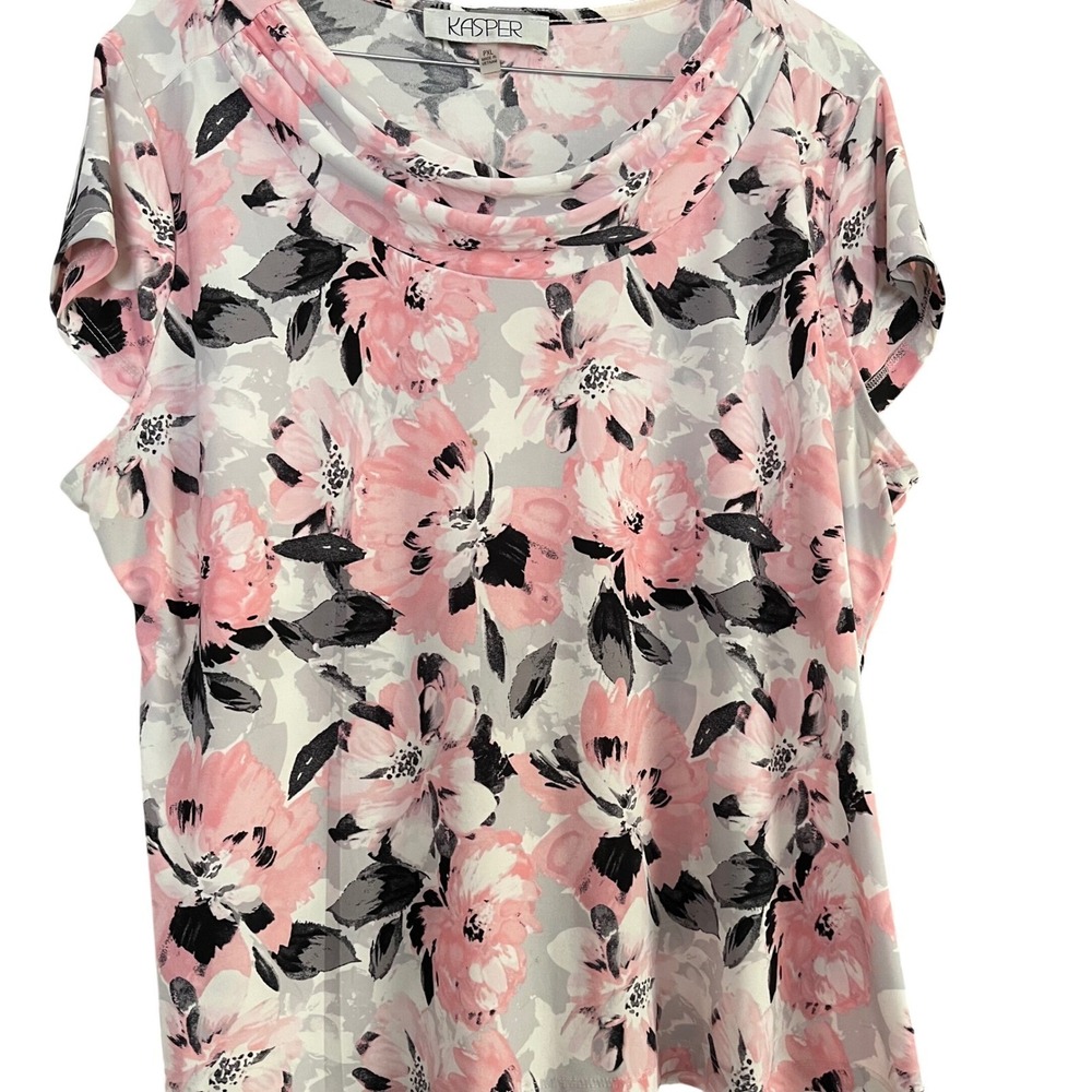 Kasper Petite XL Pink Grey Floral Cowl Neck Cap Sleeve Knit Blouse Top‎